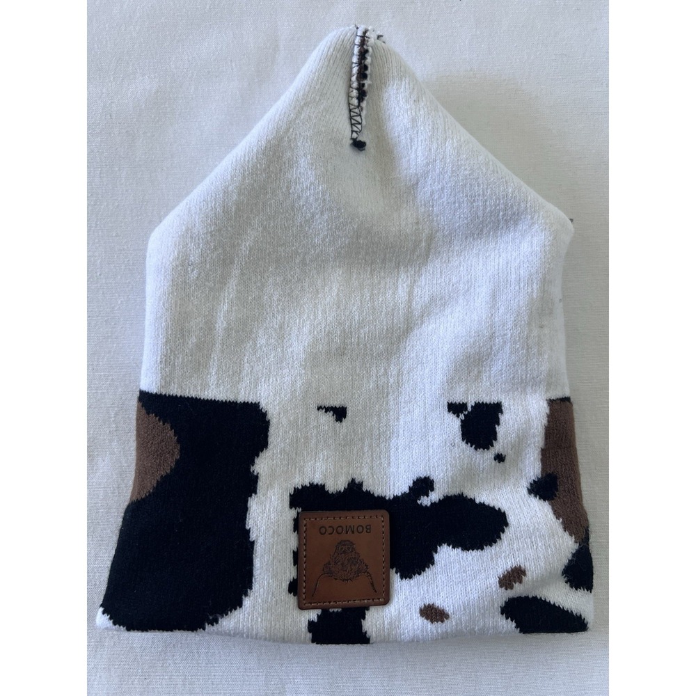 BOMOCO Cow Animal Print Knit Beanie Hat in White, Black, And Brown - Picture 3 of 6
